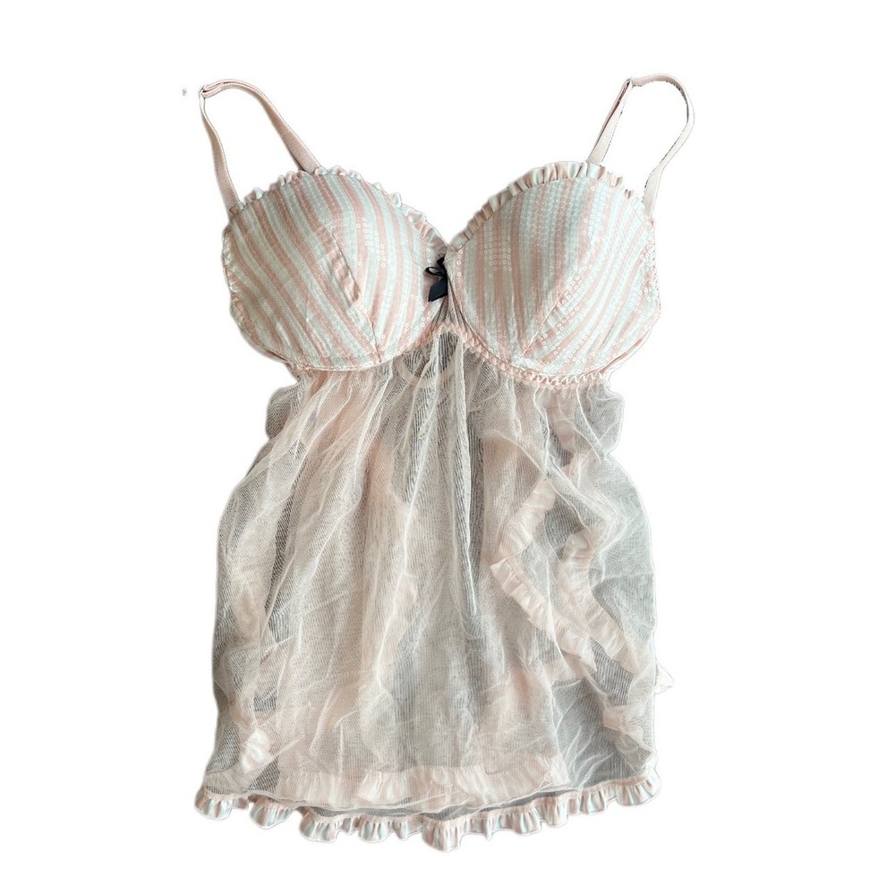 Victoria's Secret Pink White Striped Sequin Ruffle Babydoll Lingerie 36C